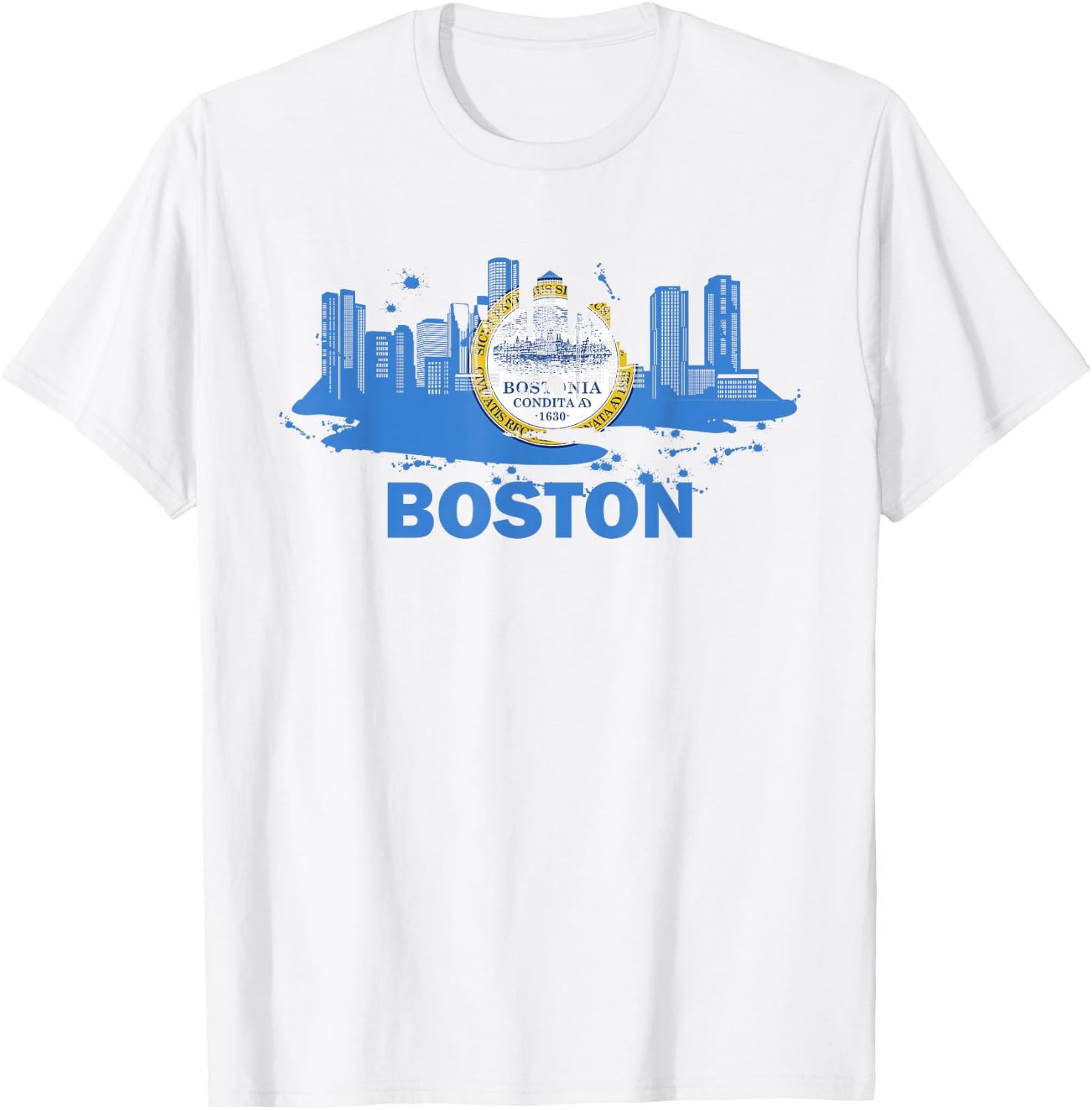 Boston City Flag Downtown Boston Skyline T-Shirt - T-Shirt | White