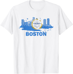 Boston City Flag Downtown Boston Skyline T-Shirt - T-Shirt | White