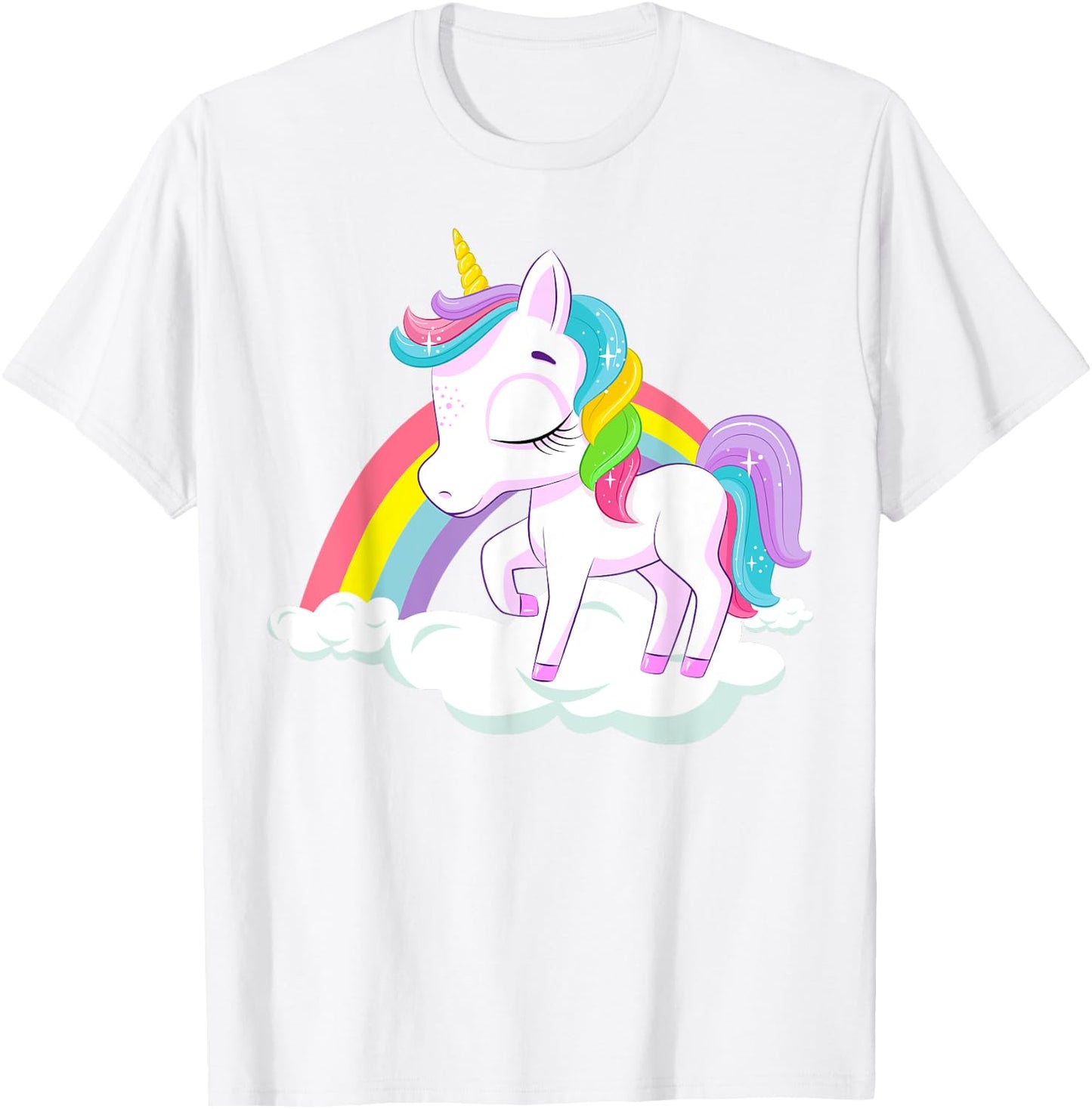 Pink Rainbow Unicorn Baby Dancing on Fluffy Clouds T-Shirt - T-Shirt | White
