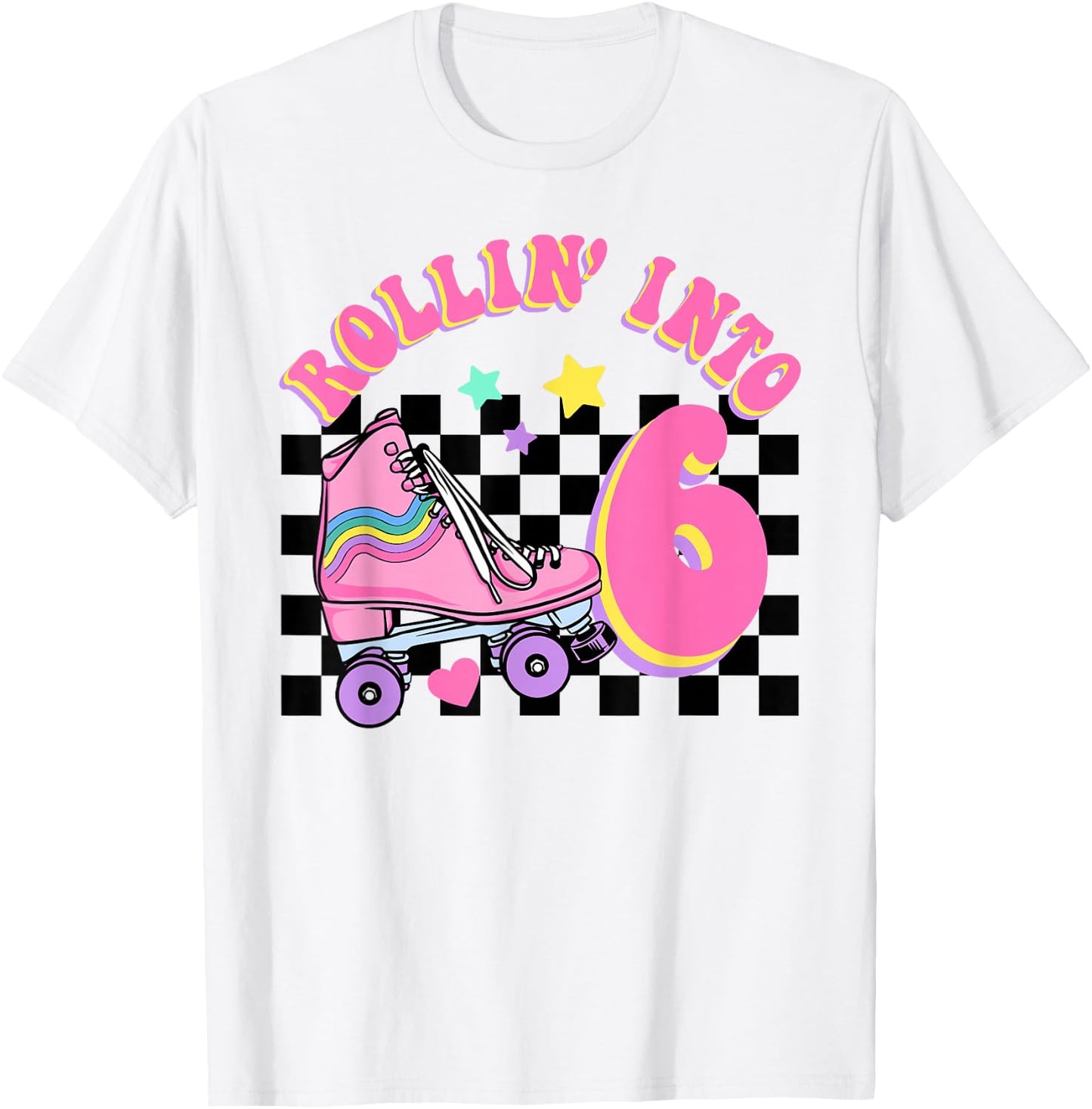 Rolling Into 6 Years Old Skater Groovy Birthday Girls Kids T-Shirt - T-Shirt | White