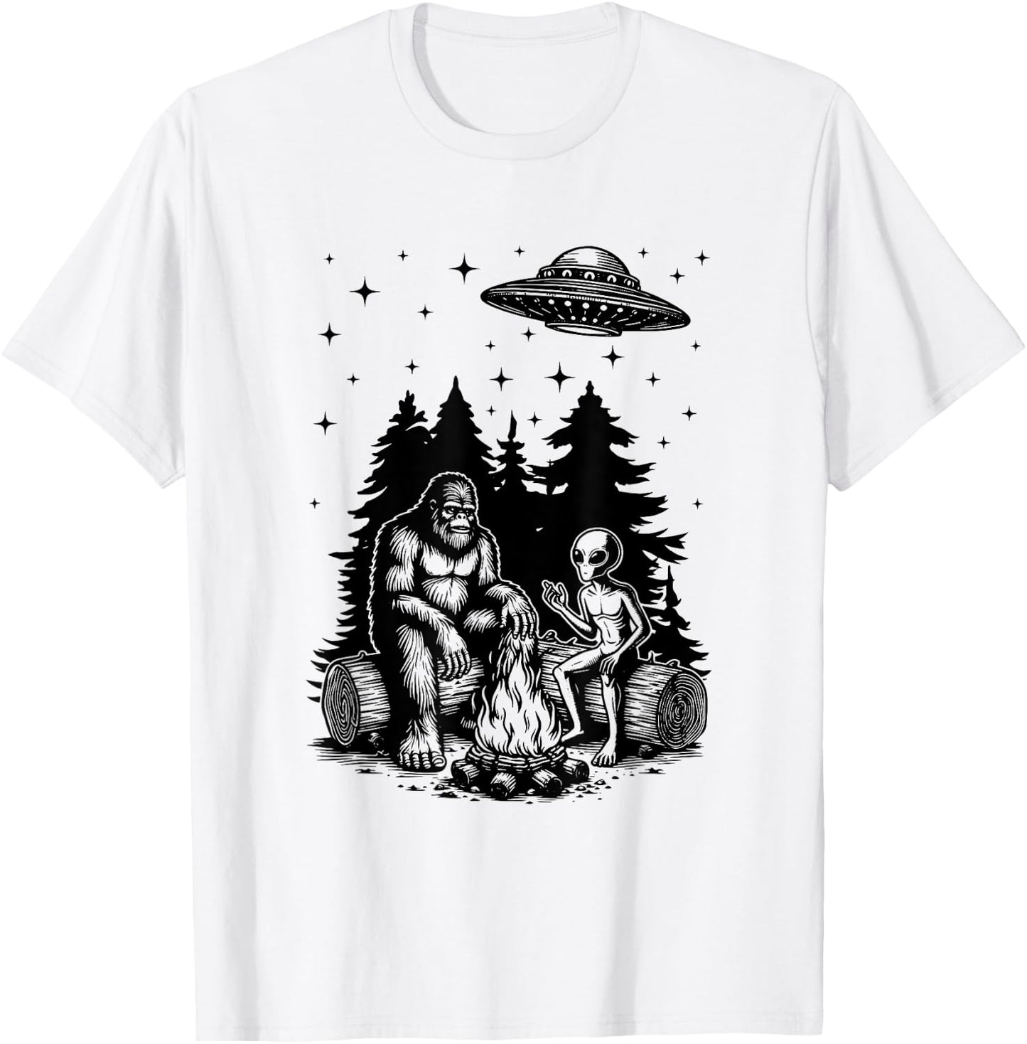 Alien And Bigfoot Campfire Sasquatch UFO For Outdoor Lovers T-Shirt - T-Shirt | White