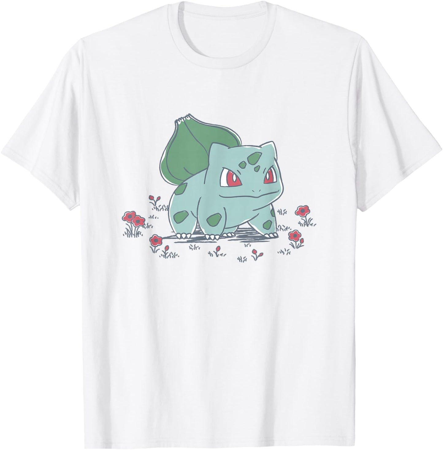 Pokémon Bulbasaur Standing In Flower Garden Retro Sketch T-Shirt - T-Shirt | White