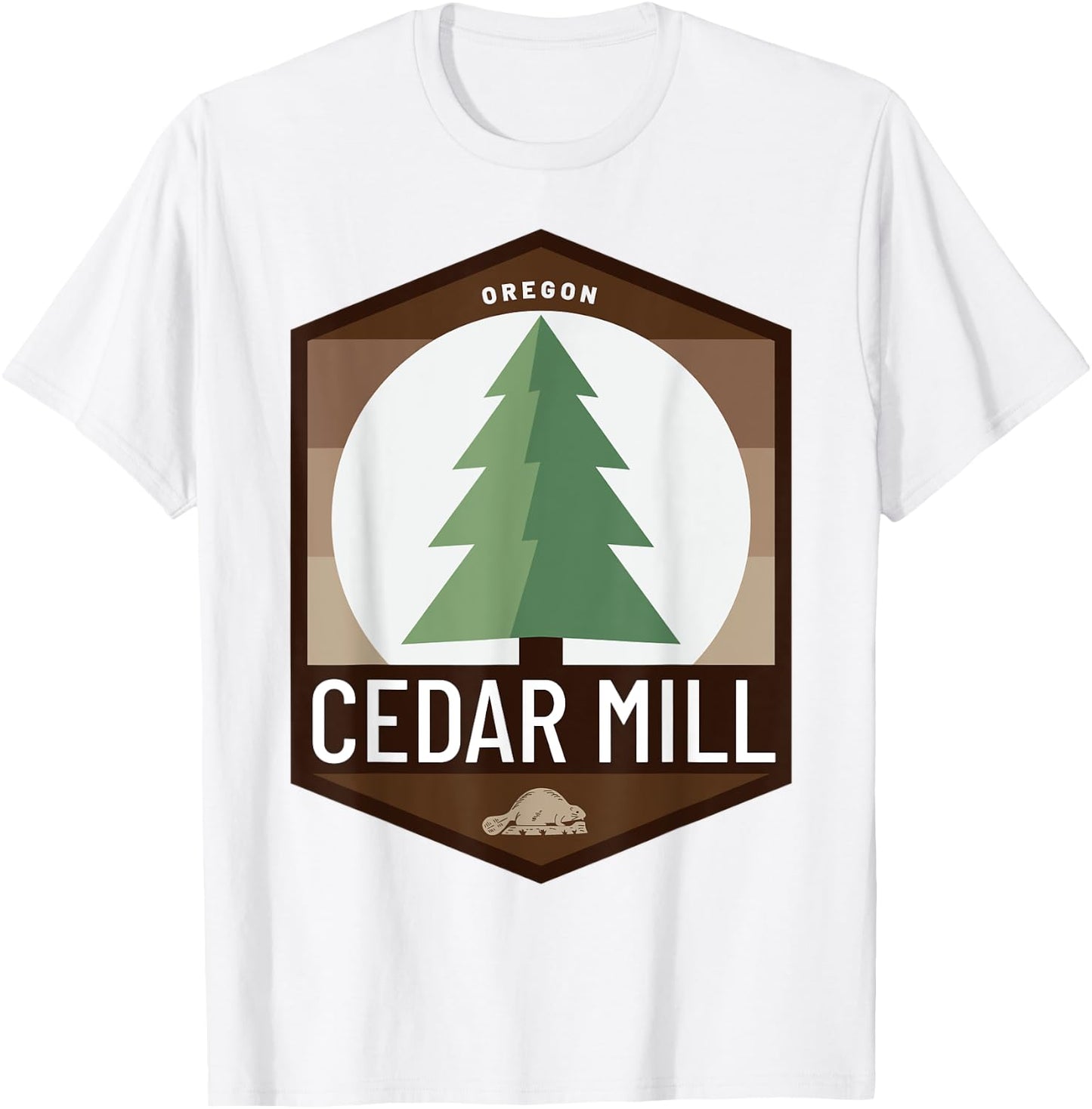 Cedar Mill Oregon OR Douglas Fir Tree Beaver Pine Badge T-Shirt - T-Shirt | White