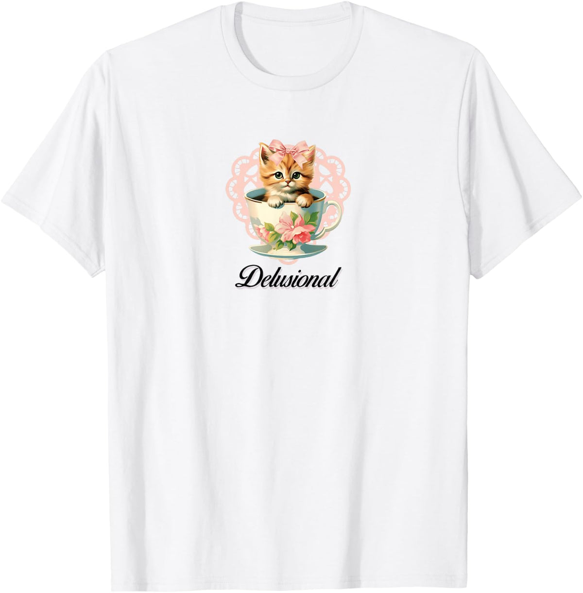 Delusional Coquette Cat Kitten Pink Bow Ribbon Y2K Aesthetic T-Shirt - T-Shirt | White