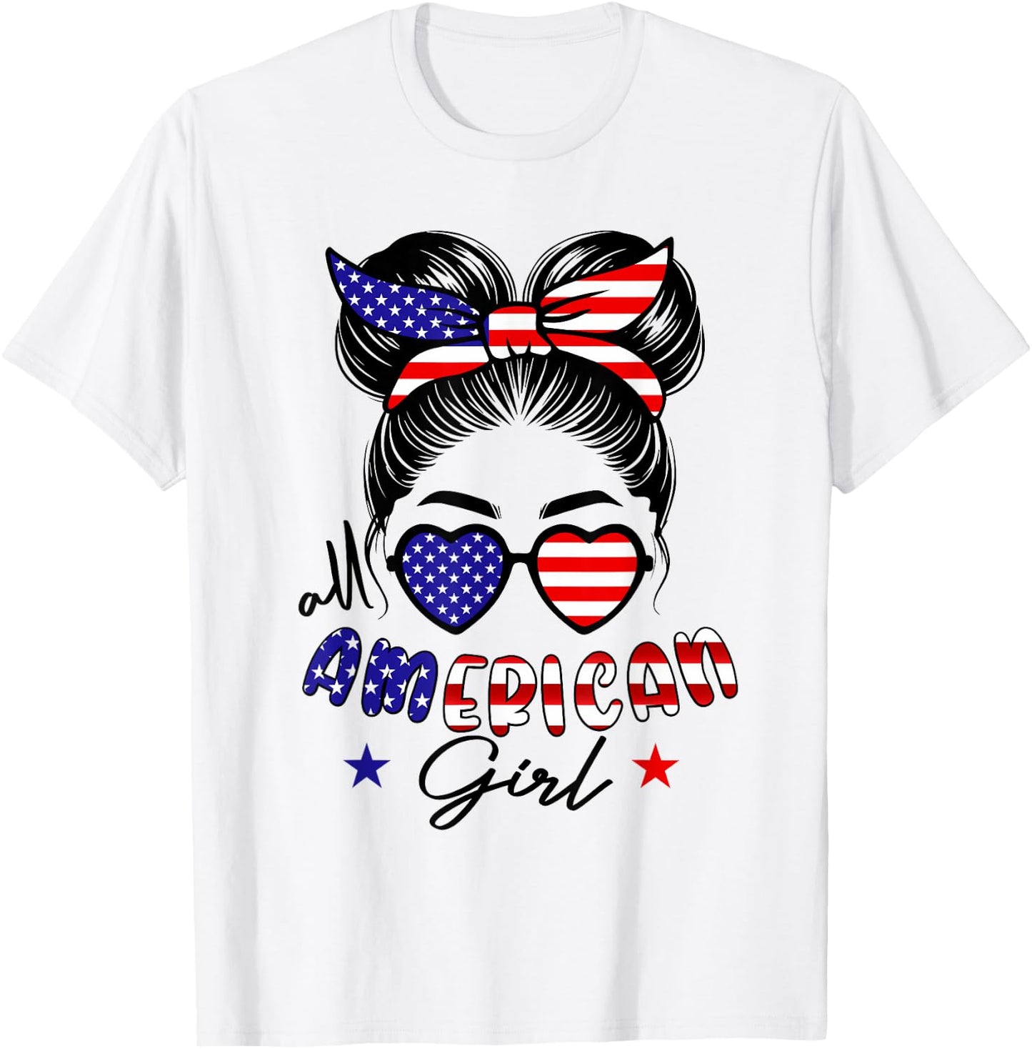 All american girl 4th of july women messy bun usa flag T-Shirt - T-Shirt | White