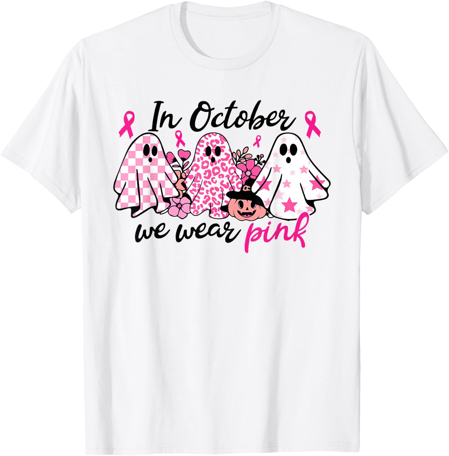 In October We Wear Pink Ghost Breast Cancer Halloween T-Shirt - T-Shirt | White