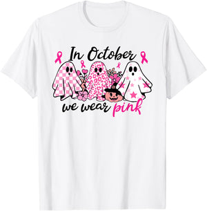 In October We Wear Pink Ghost Breast Cancer Halloween T-Shirt - T-Shirt | White
