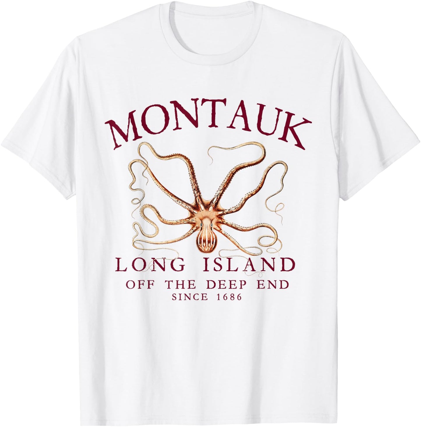 Montauk LI Off The Deep End Kraken Octopus Fishing Burgundy T-Shirt - T-Shirt | White