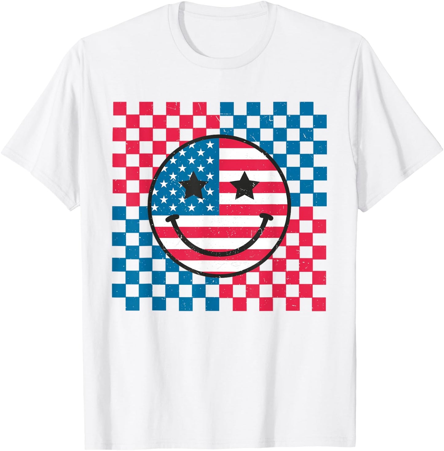 USA Checkerboard 4th Of July Happy Face American Girls Kids Men T-Shirt - T-Shirt | White
