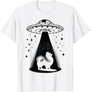 Pomeranian Mom Dad Dog - Funny Alien UFO T-Shirt - T-Shirt | White