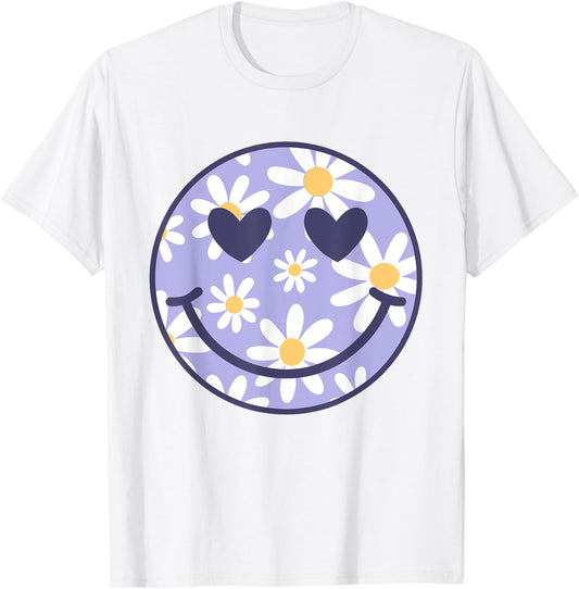 Retro Purple Happy Face Checkered Pattern Smile Face Trendy T-Shirt - T-Shirt | White
