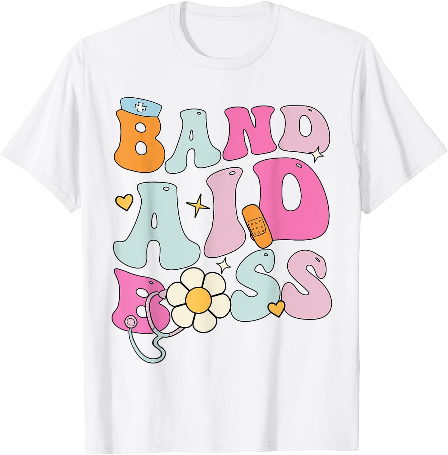 Groovy Band Aid Boss, Cute Back To School Nurse T-Shirt - T-Shirt | White