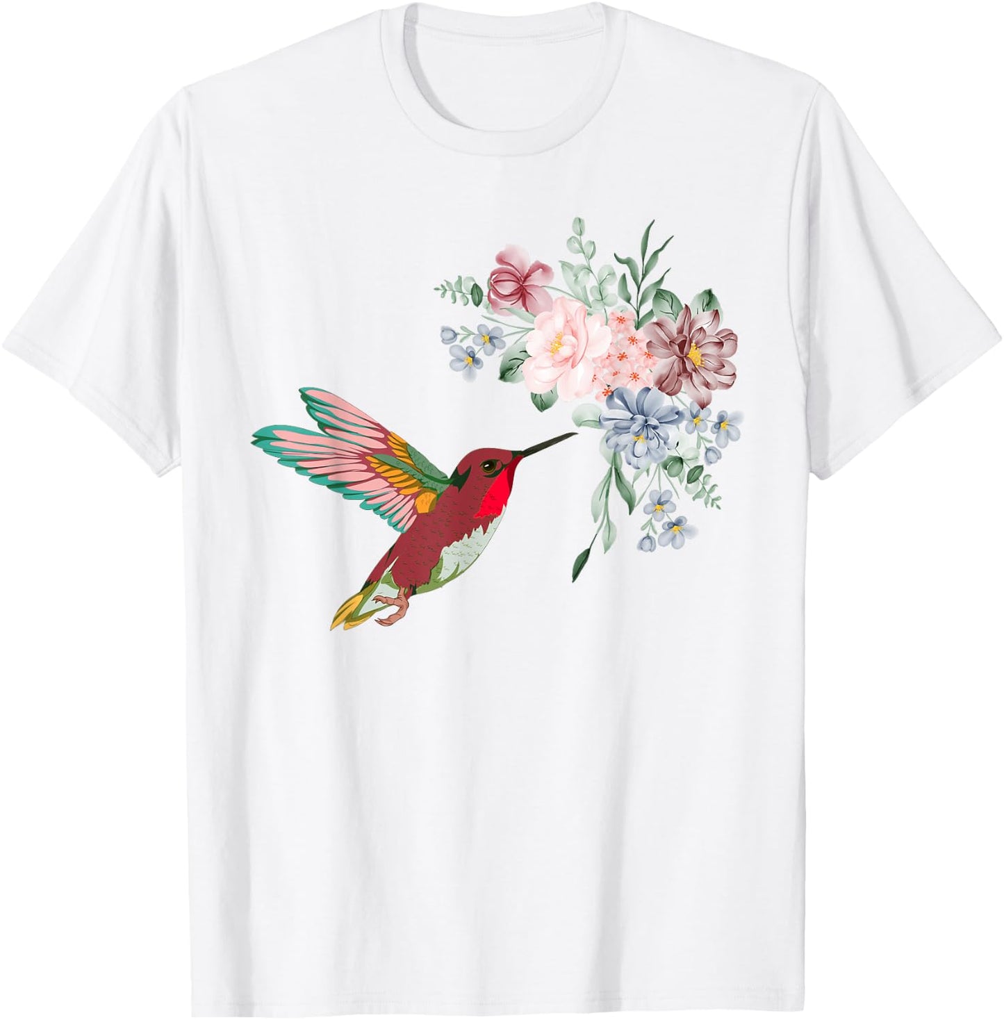 Pretty Bird Nature Animal Vintage Flowers Hummingbird T-Shirt - T-Shirt | White