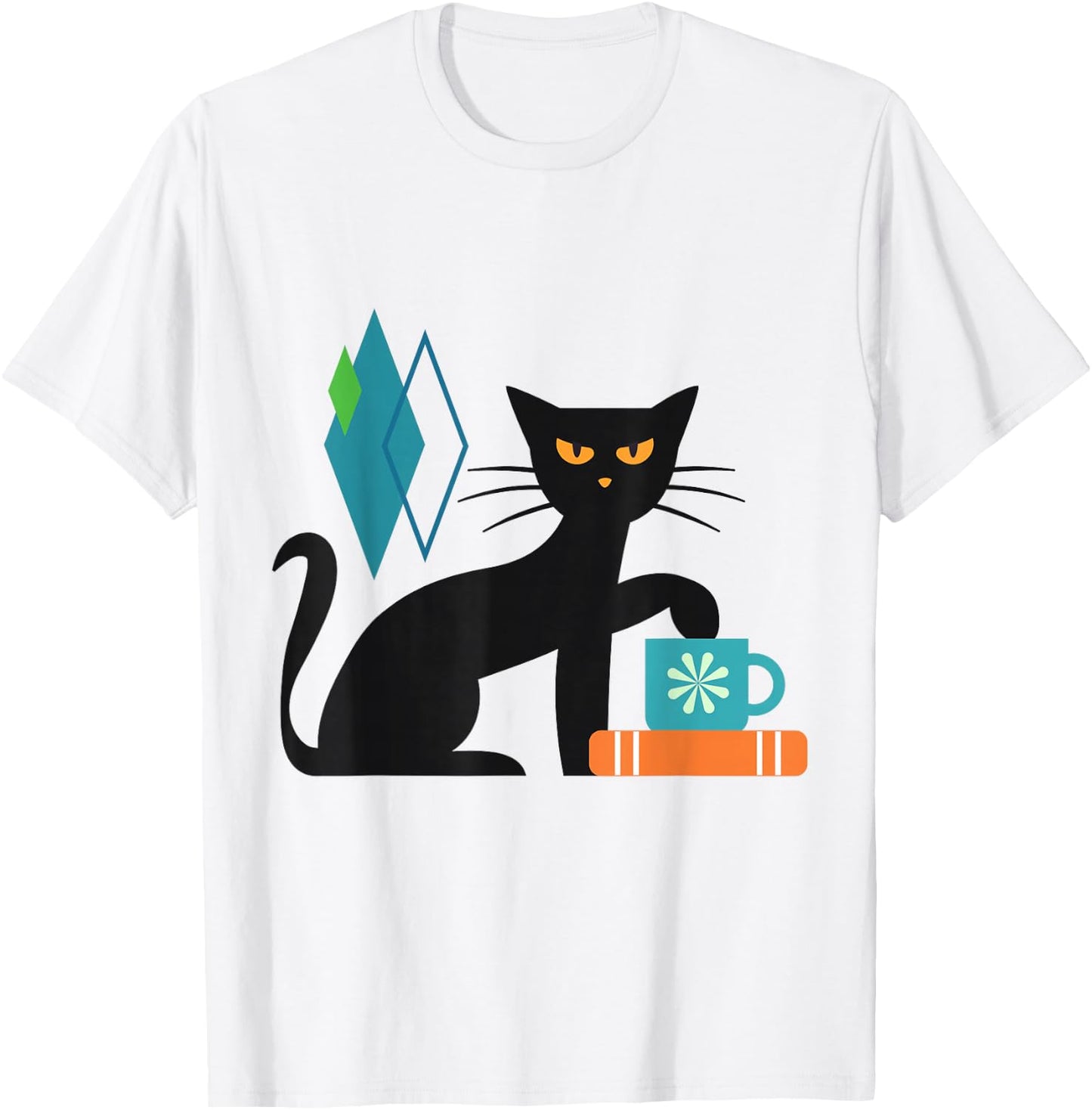 Cat Midcentury With Book and Coffee Atomic Age Mid Century T-Shirt - T-Shirt | White