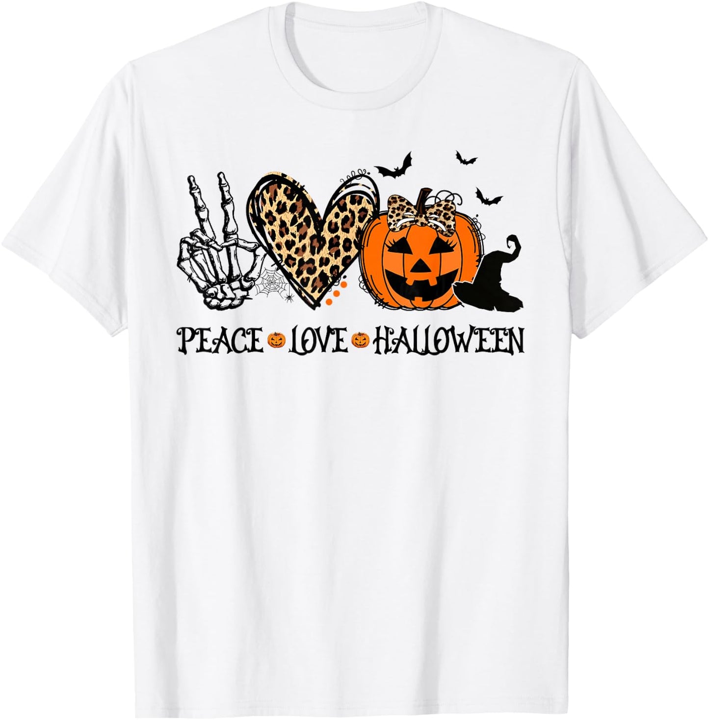 Peace Love Halloween Happy Halloween Pumpkin Leopard Heart T-Shirt - T-Shirt | White