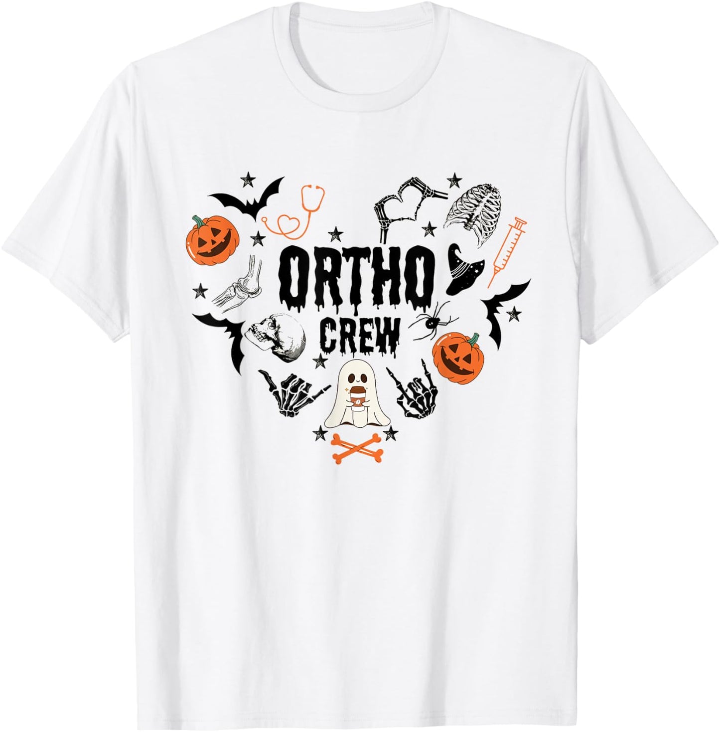 Ortho Crew Halloween Pumpkin Orthopedic Nurse Skeleton Hand T-Shirt - T-Shirt | White