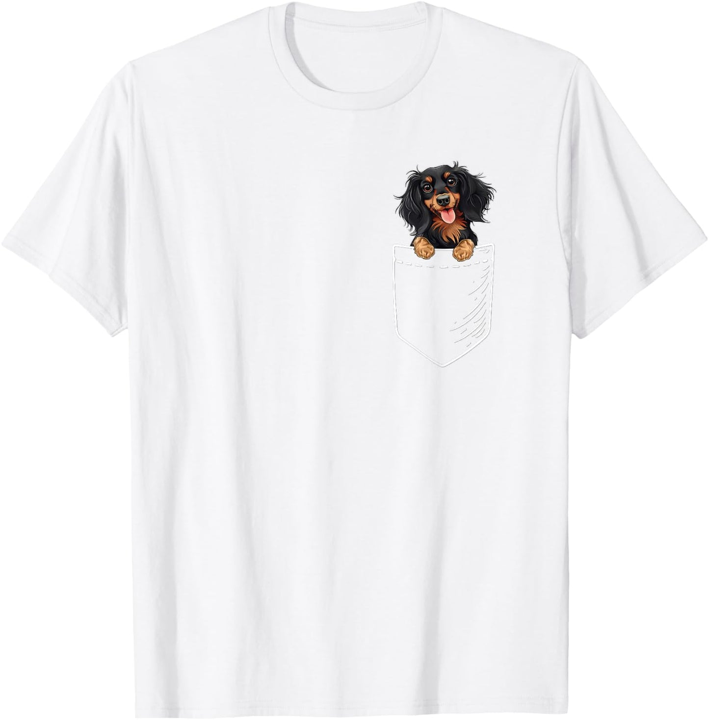 Funny Pocket Black Long Haired Dachshund Lover T-Shirt - T-Shirt | White