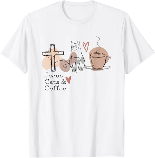 Jesus Cats And Coffee Minimalist Graphic Design T-Shirt - T-Shirt | White