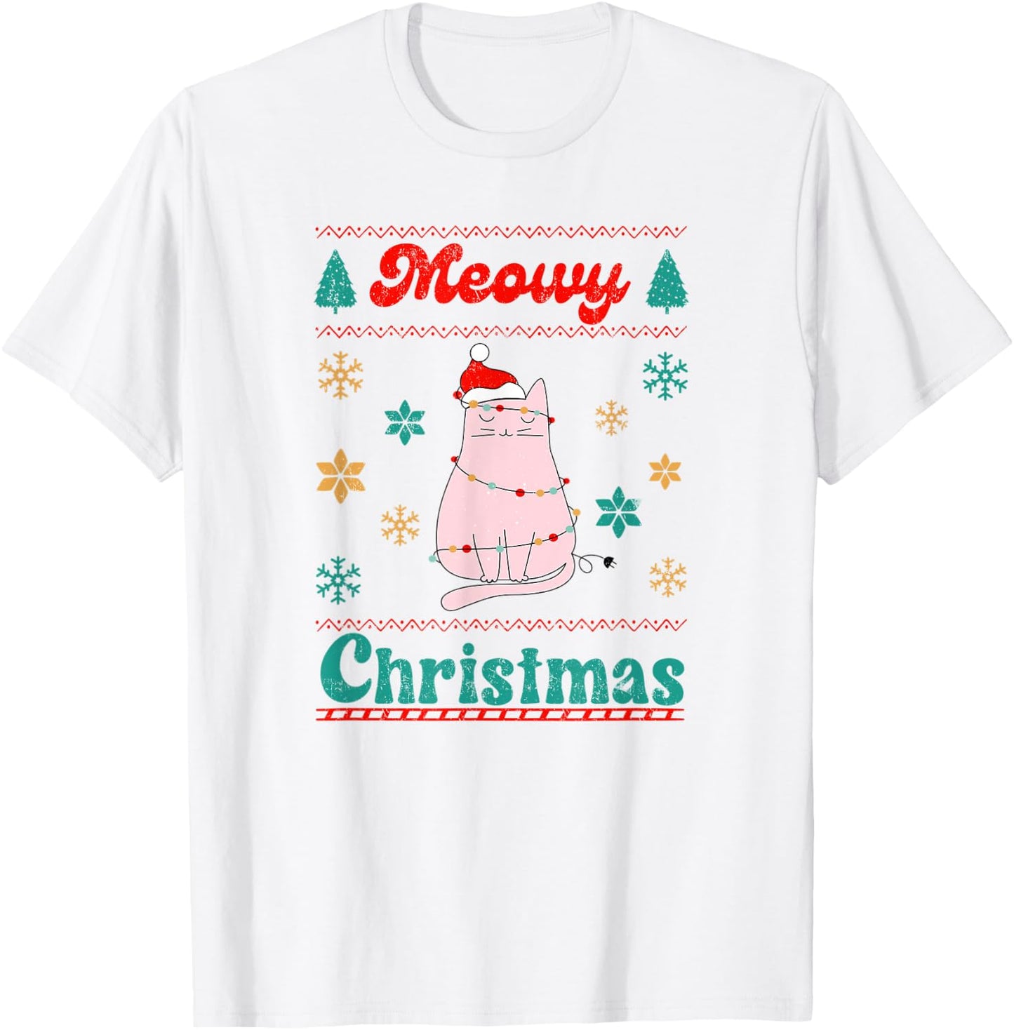 Meowy Catmas Christmas Cat in Santa Hat & Christmas Lights T-Shirt - T-Shirt | White