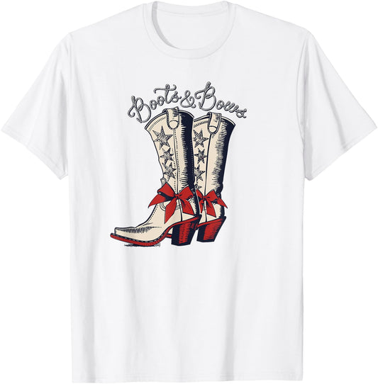 Boots and Bows Cowgirl Boots Patriotic July 4th Coquette Bow T-Shirt - T-Shirt | White