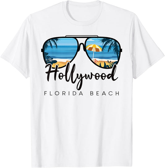 Hollywood Beach Florida Palm Tree Sunglasses Souvenir T-Shirt - T-Shirt | White
