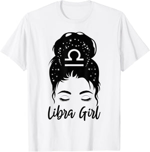 Libra Girl Messy Bun Zodiac Symbol Woman Birthday Costume T-Shirt - T-Shirt | White