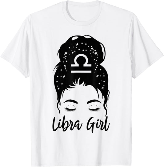 Libra Girl Messy Bun Zodiac Symbol Woman Birthday Costume T-Shirt - T-Shirt | White