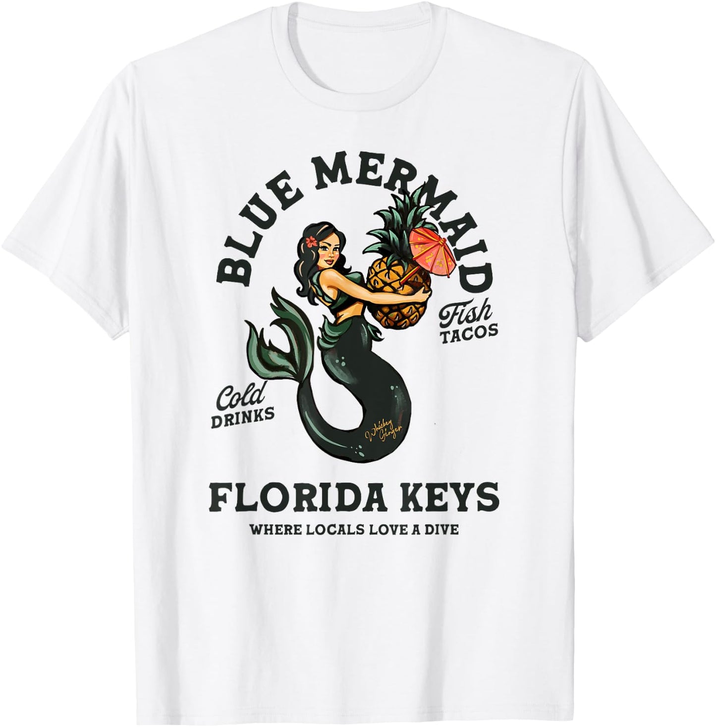 Florida Keys Tiki Bar Mermaid Shirt Pin Up Beach Mermaids T-Shirt - T-Shirt | White