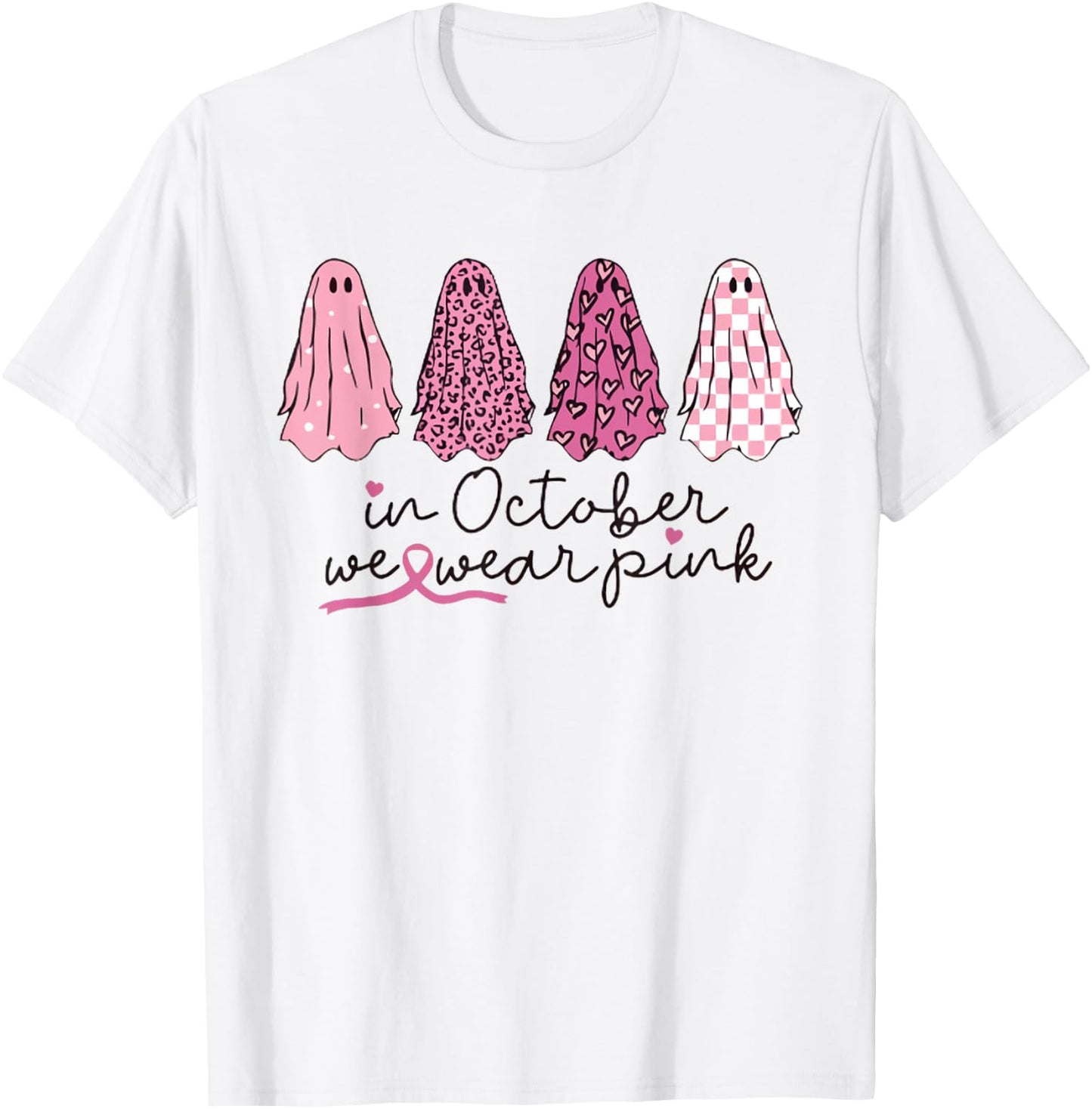 Women In October We Wear Pink Wizard Ghosts Breast Cancer T-Shirt - T-Shirt | White