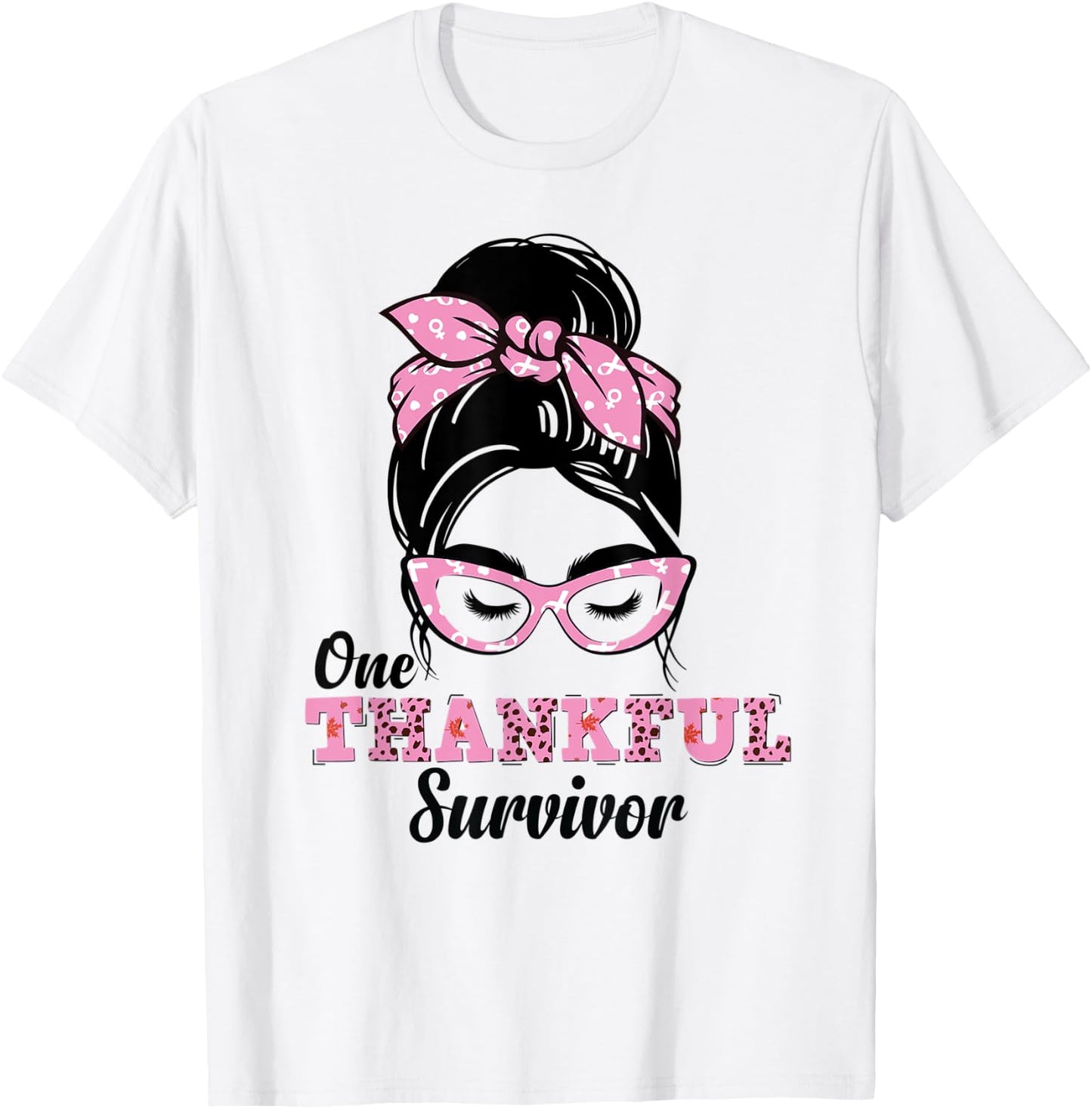 One Thankful Survivor Messy Bun Breast Cancer Awareness T-Shirt - T-Shirt | White