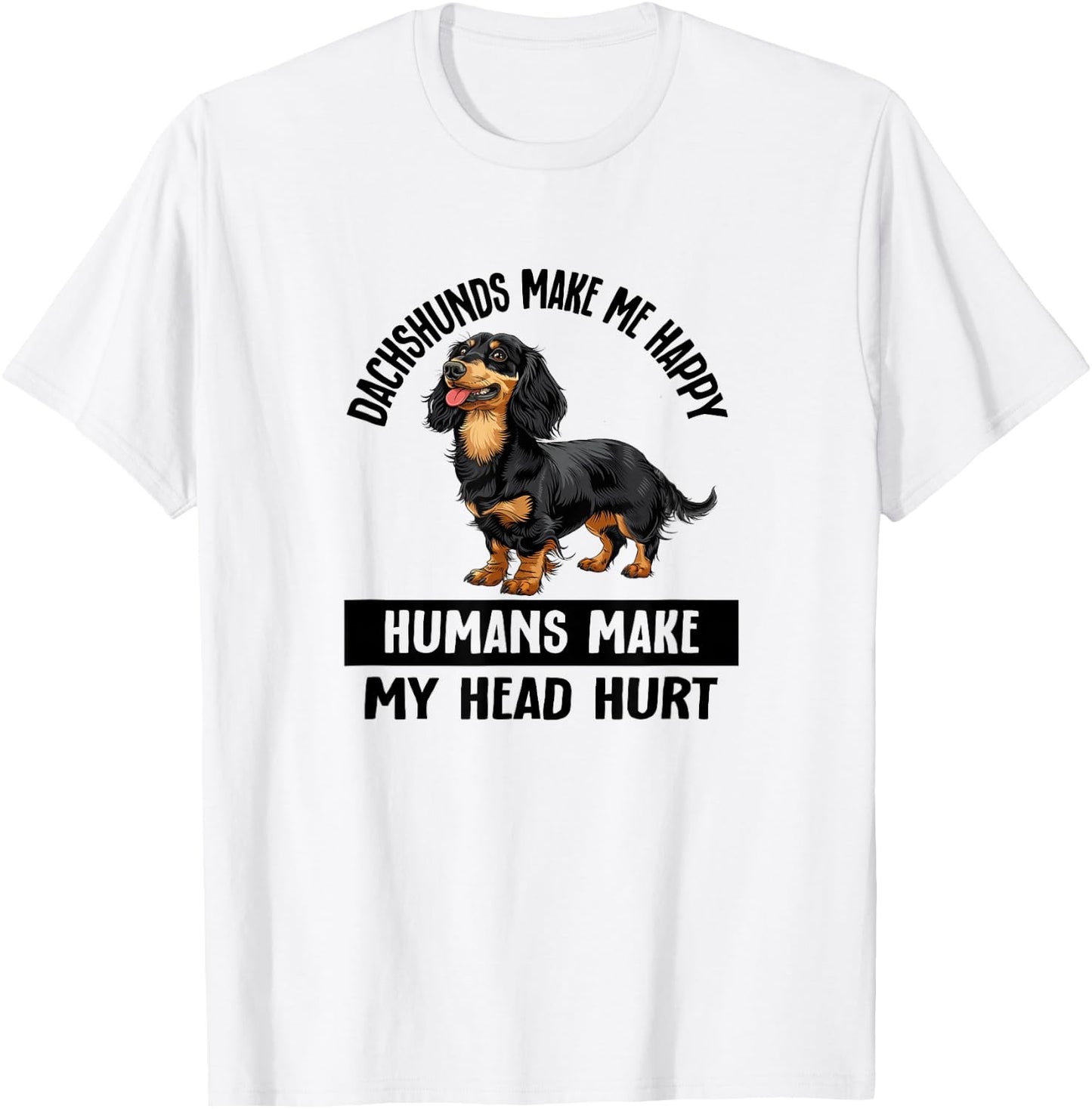 Funny Happy Black Long Haired Dachshund Lover T-Shirt - T-Shirt | White