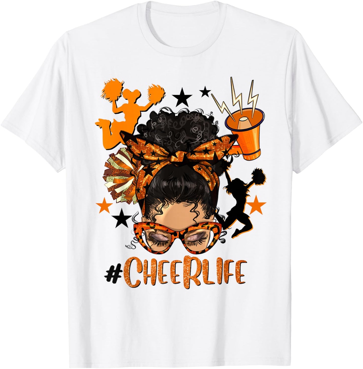 Cheer Life Messy Bun Brunette Orange Black Cheerleading Team T-Shirt - T-Shirt | White