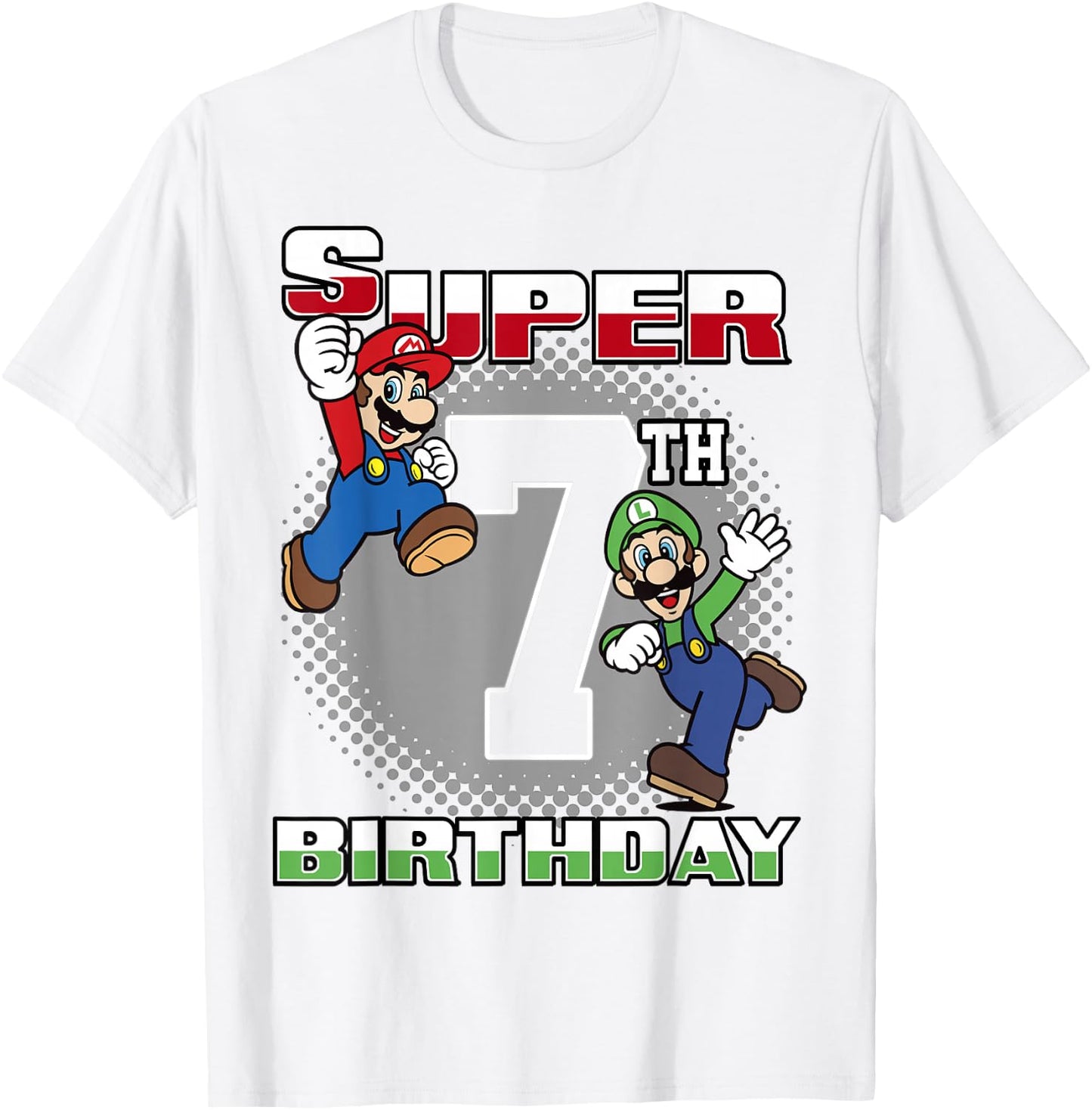 Super Mario And Luigi Super Birthday 7th Birthday Portrait T-Shirt - T-Shirt | White