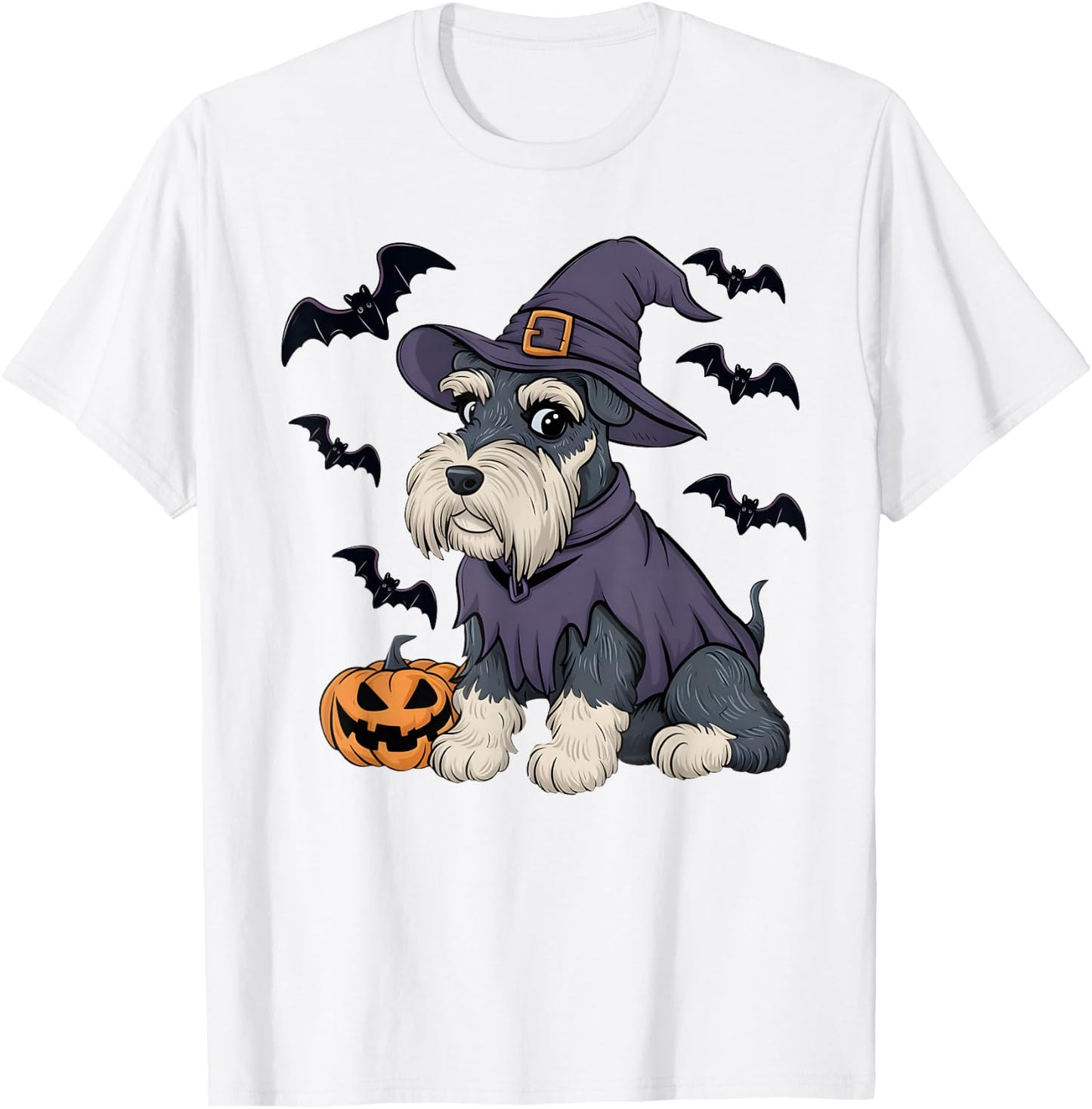 Schnauzer Dog Scary Pumpkin Bat Witch Schnauzer Halloween T-Shirt - T-Shirt | White