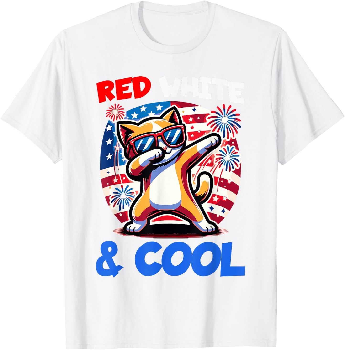 4th of July Red White & Cool Dabbing Kitty Cat Funny Graphic T-Shirt - T-Shirt | White
