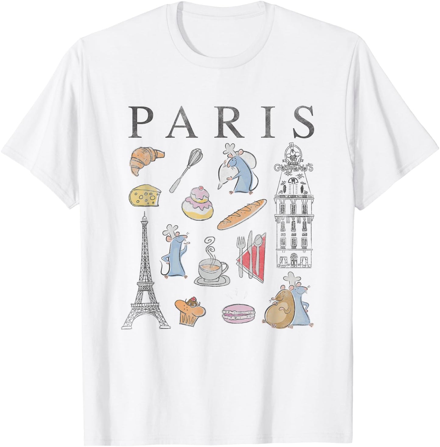 Disney Pixar Ratatouille Paris Food & Places Collage Retro T-Shirt - T-Shirt | White