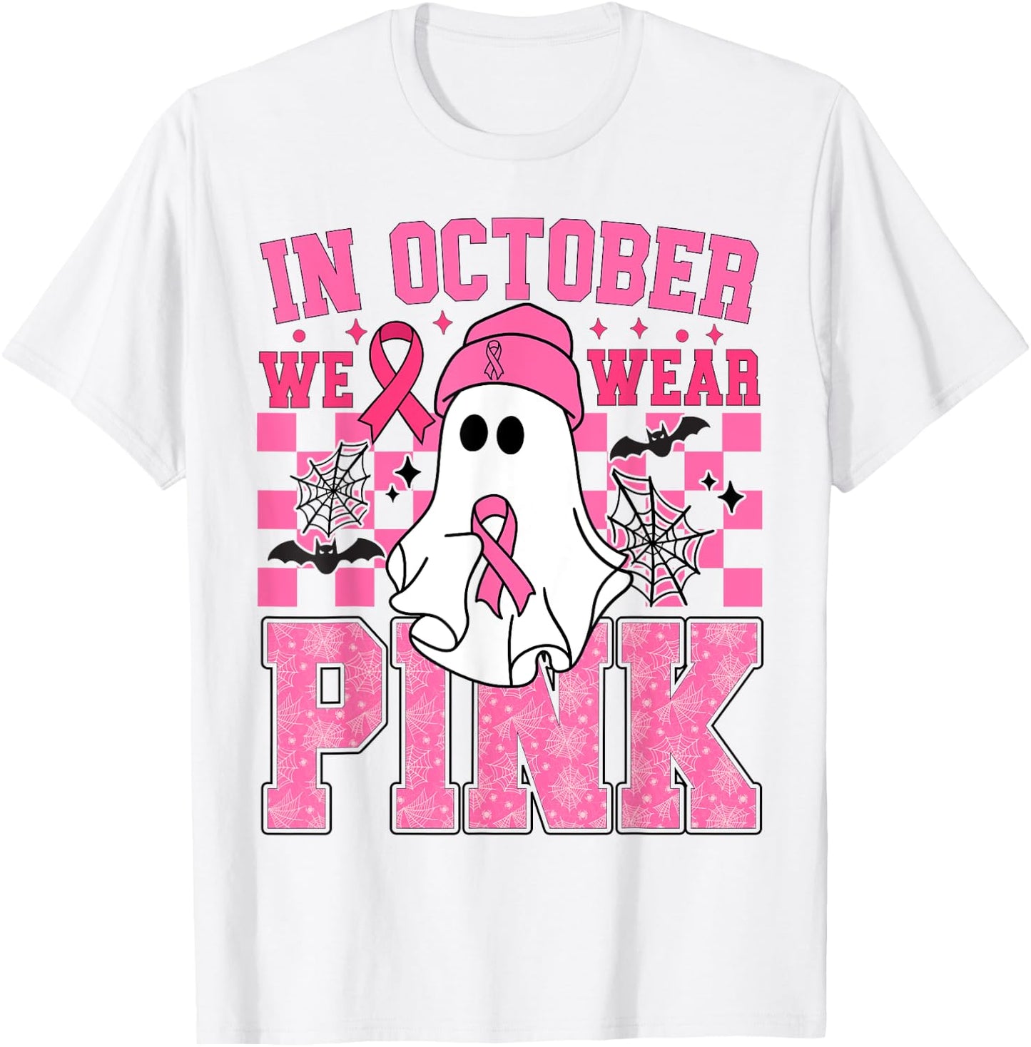 In October We Wear Pink Breast Cancer Awareness Halloween T-Shirt - T-Shirt | White