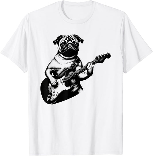 Pug Dog Playing Electric Guitar Rock Star Guitarist T-Shirt - T-Shirt | White