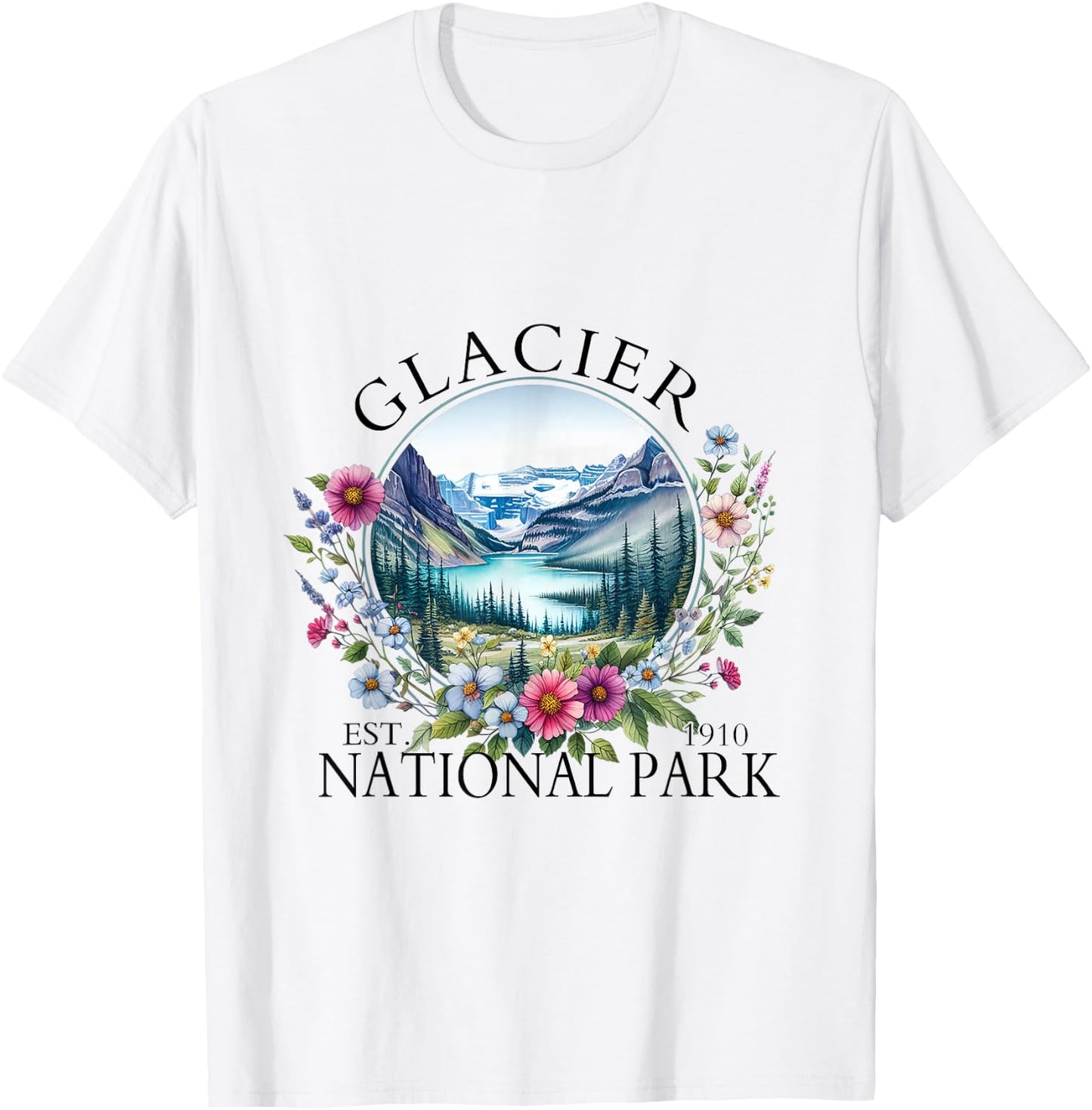 Retro Floral Glacier National Park Hiking Camping Outdoor T-Shirt - T-Shirt | White