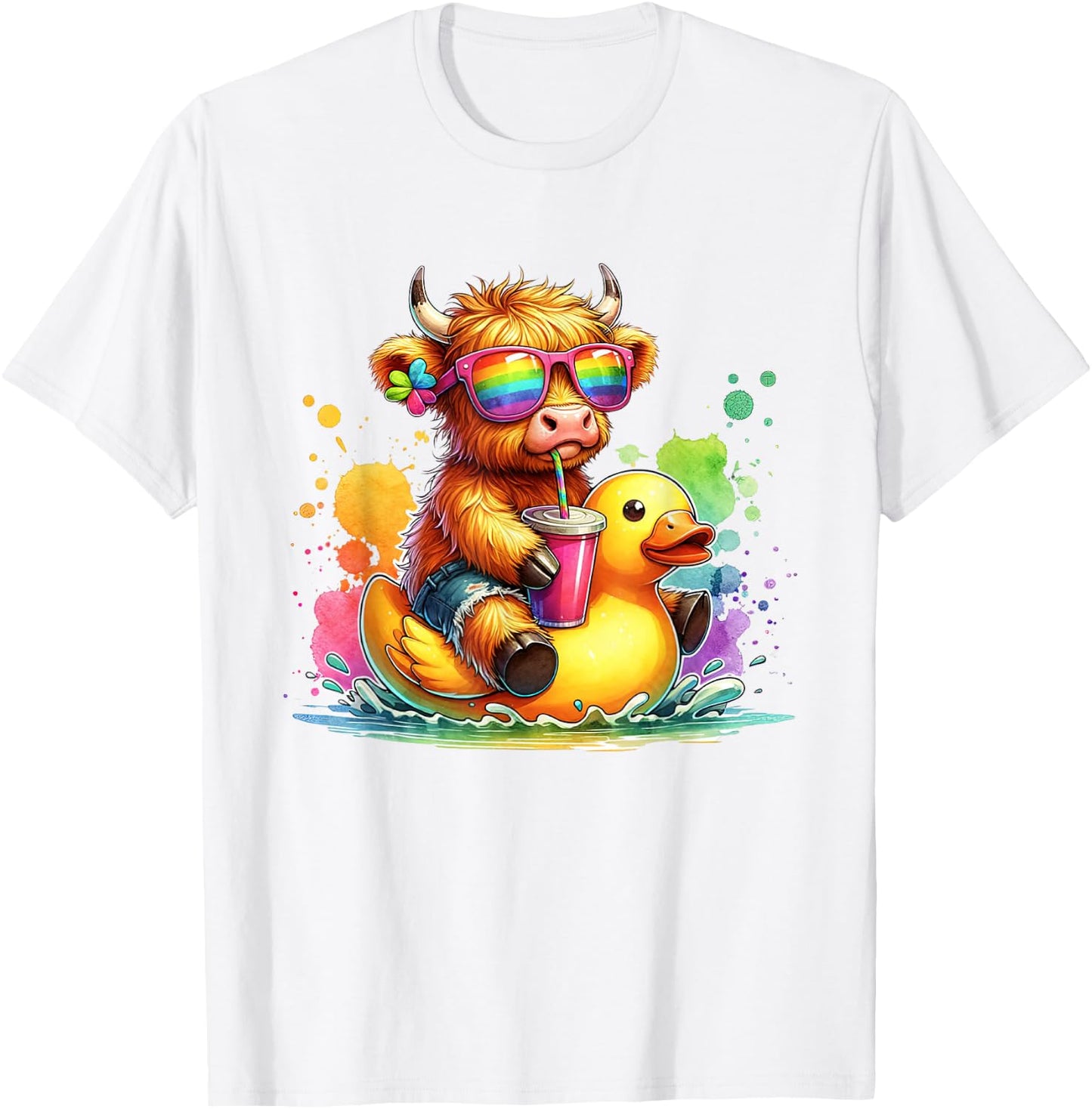 Cute Highland Cow Duck Pool Float Summer Vibes Swimming T-Shirt - T-Shirt | White