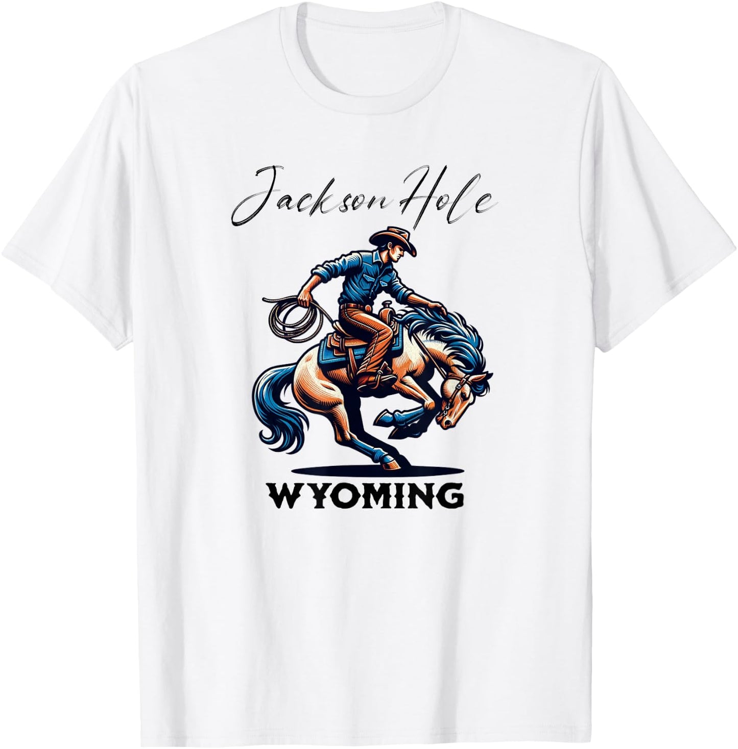 Jackson Hole Wyoming Rodeo Cowboy and Horse T-Shirt - T-Shirt | White