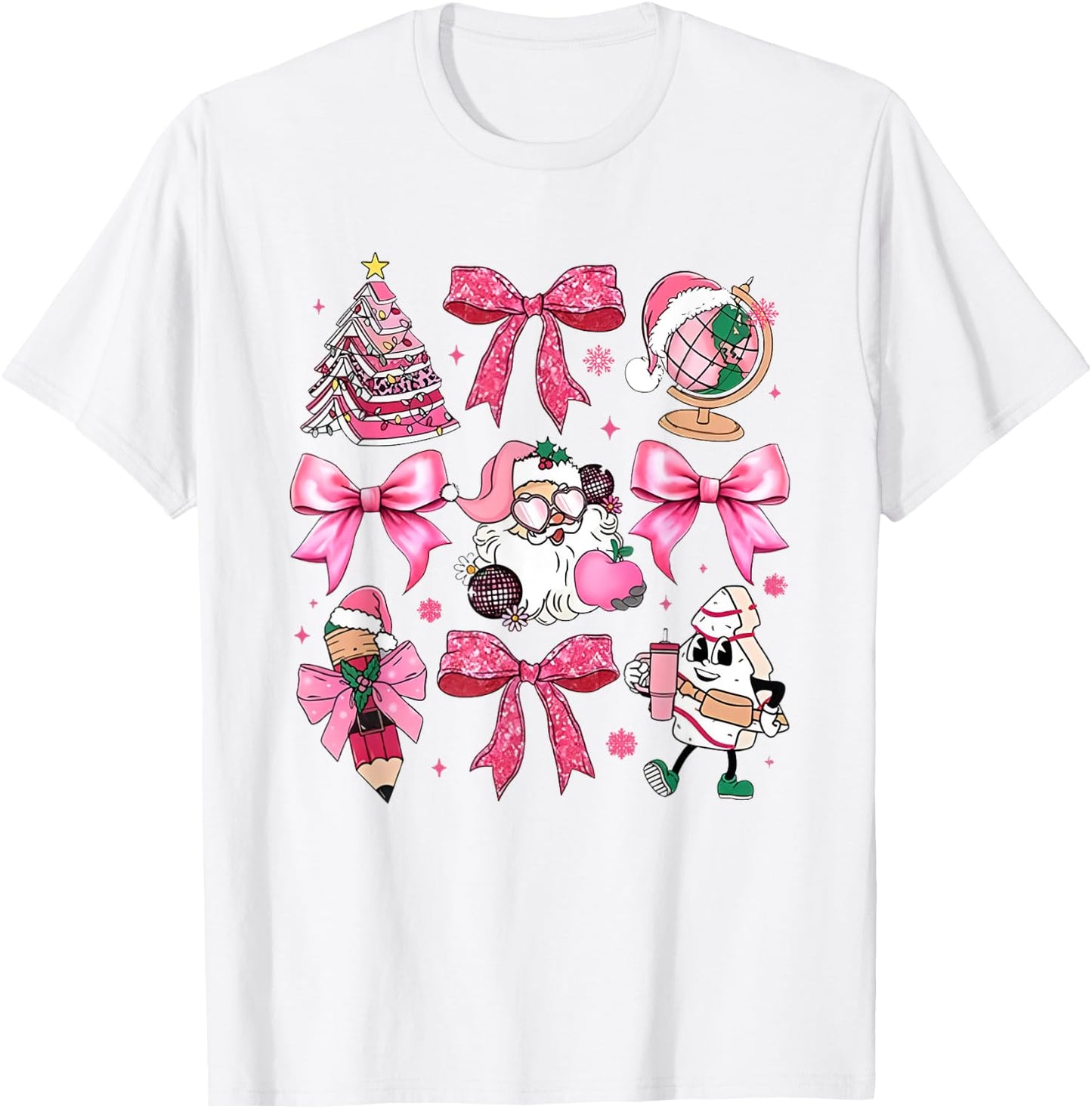 Women Pink Santa Teacher Christmas Coquette Bow Pencil Santa T-Shirt - T-Shirt | White