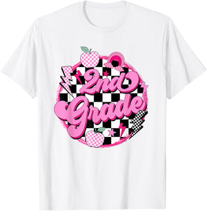 2nd Grade Teacher Women Retro Checkered First Day of School T-Shirt - T-Shirt | White