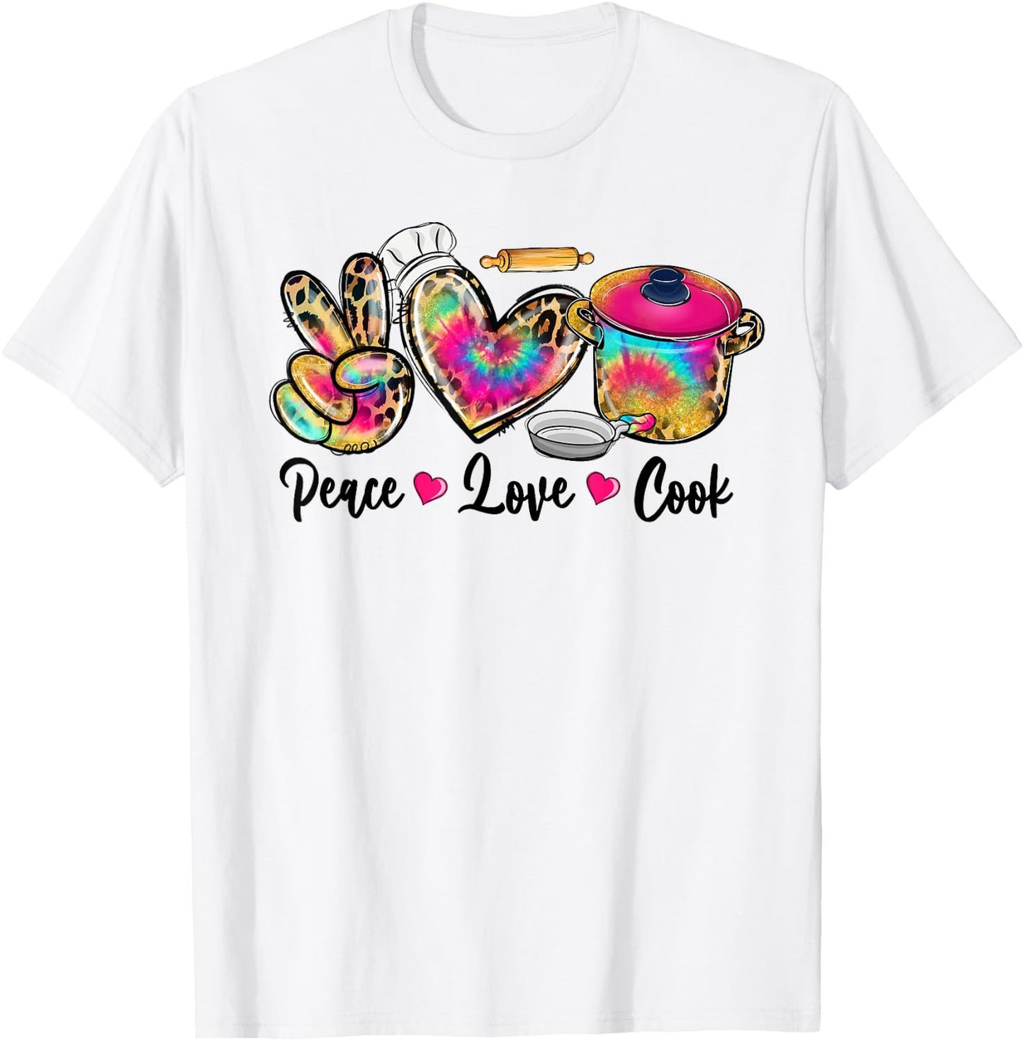 Peace Love Cooking Lunch Lady Life Tie Dye Leopard T-Shirt - T-Shirt | White