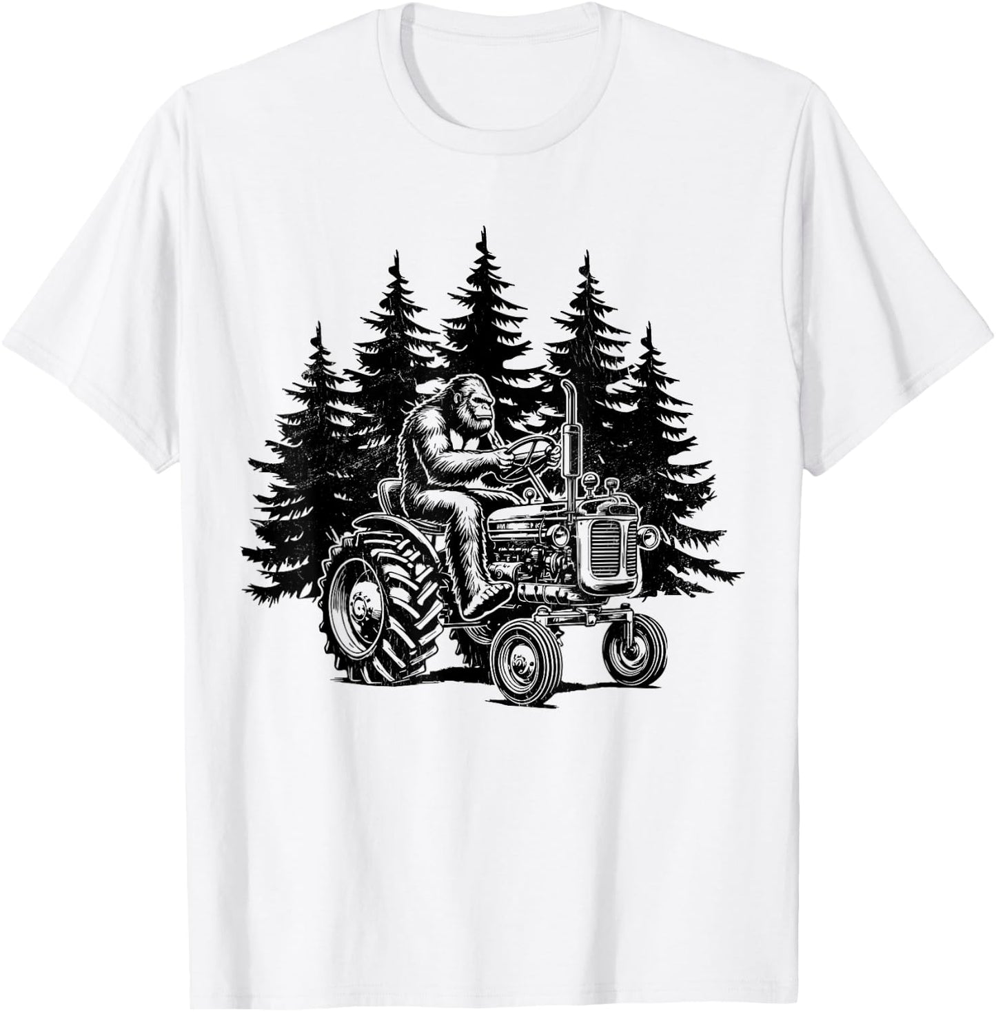 Retro Farmer Bigfoot Riding Tractor Funny Bigfoot Farming T-Shirt - T-Shirt | White