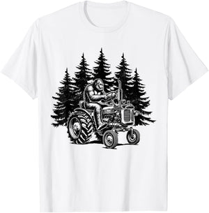 Retro Farmer Bigfoot Riding Tractor Funny Bigfoot Farming T-Shirt - T-Shirt | White