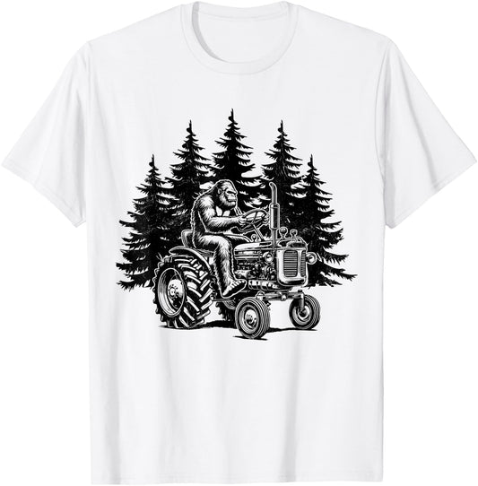 Retro Farmer Bigfoot Riding Tractor Funny Bigfoot Farming T-Shirt - T-Shirt | White