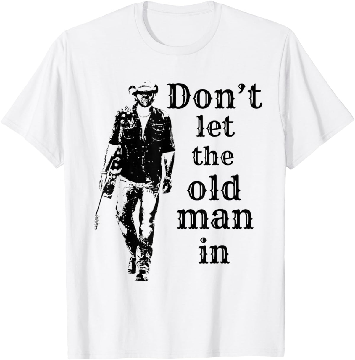 Don't let The Old Man in Vintage Man Walking with a Guitar T-Shirt - T-Shirt | White