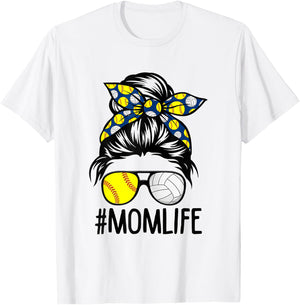 Dy Mom Life Softball Volleyball Mothers Day Messy Bun T-Shirt - T-Shirt | White
