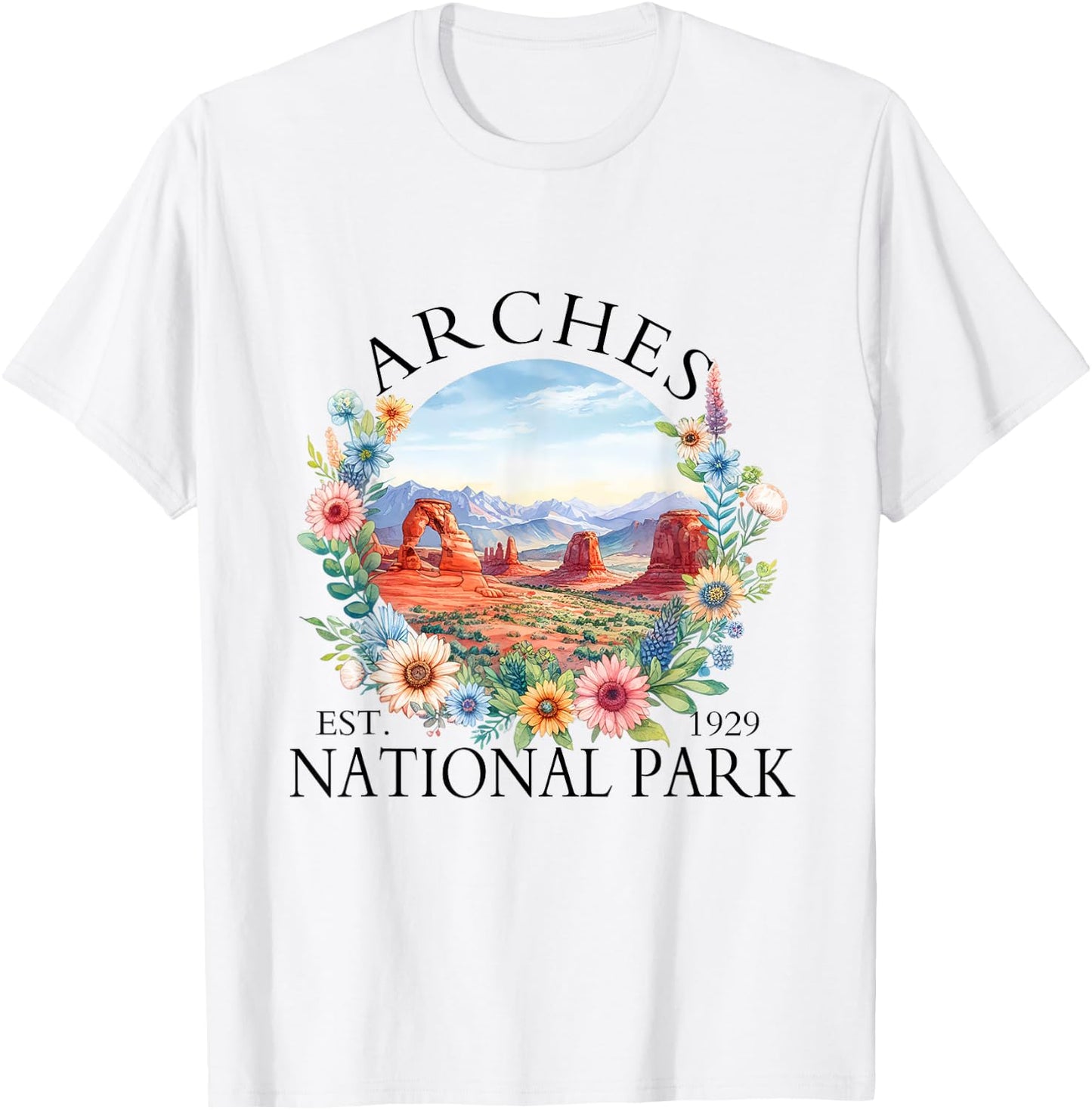 Retro Floral Arches National Park Hiking Camping Outdoor T-Shirt - T-Shirt | White